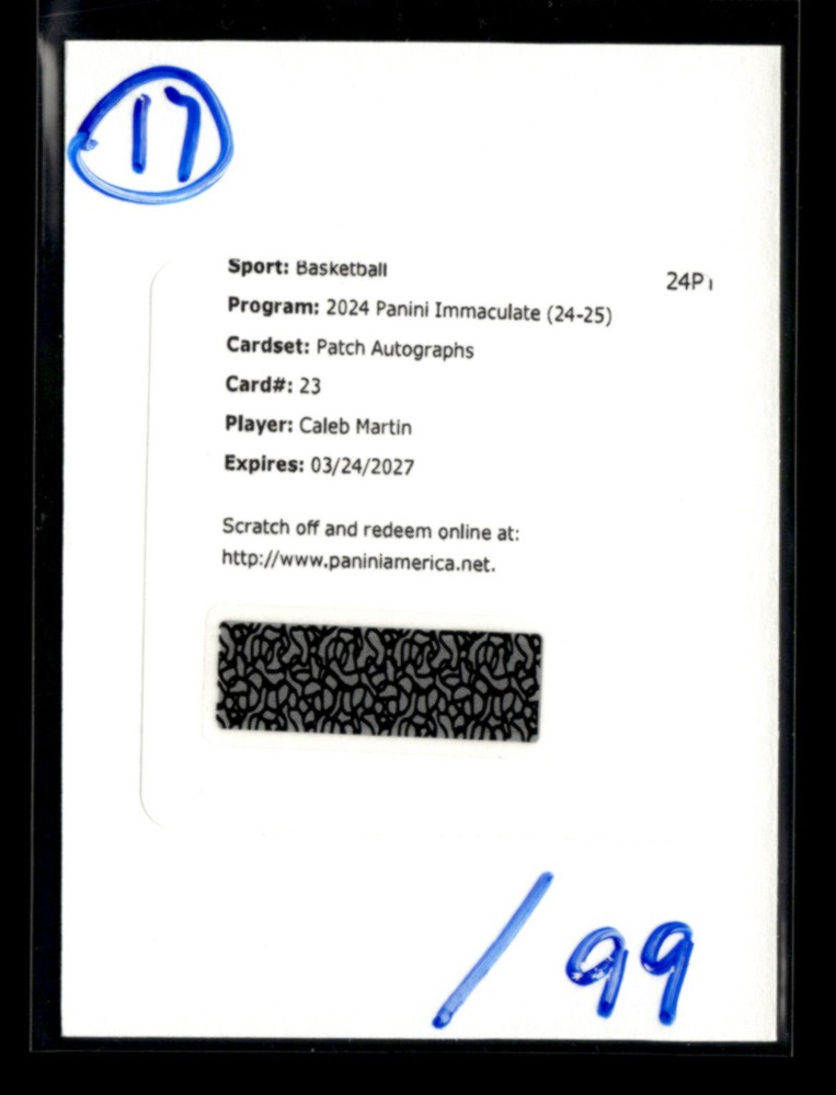 Caleb Martin 2024-25 Panini Immaculate Basketball Patch Auto /99 Redemption [mty
