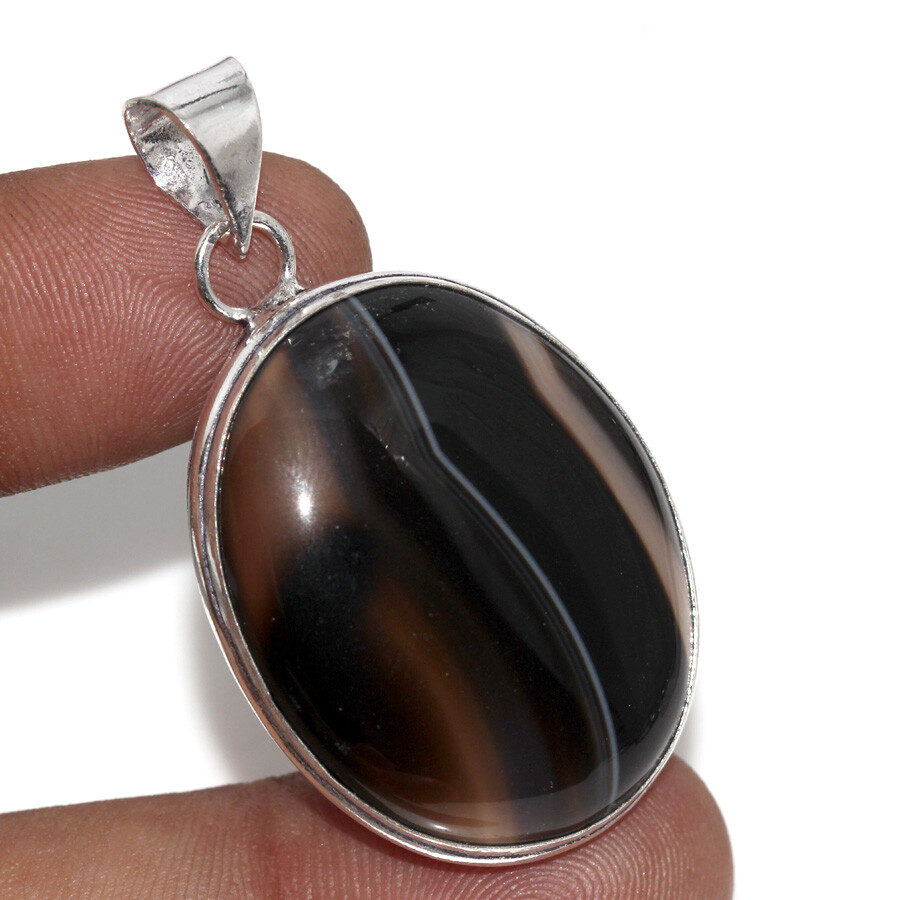 925 Silver Plated Black Onyx Ethnic Pendant Jewelry 1.7 Inch JW