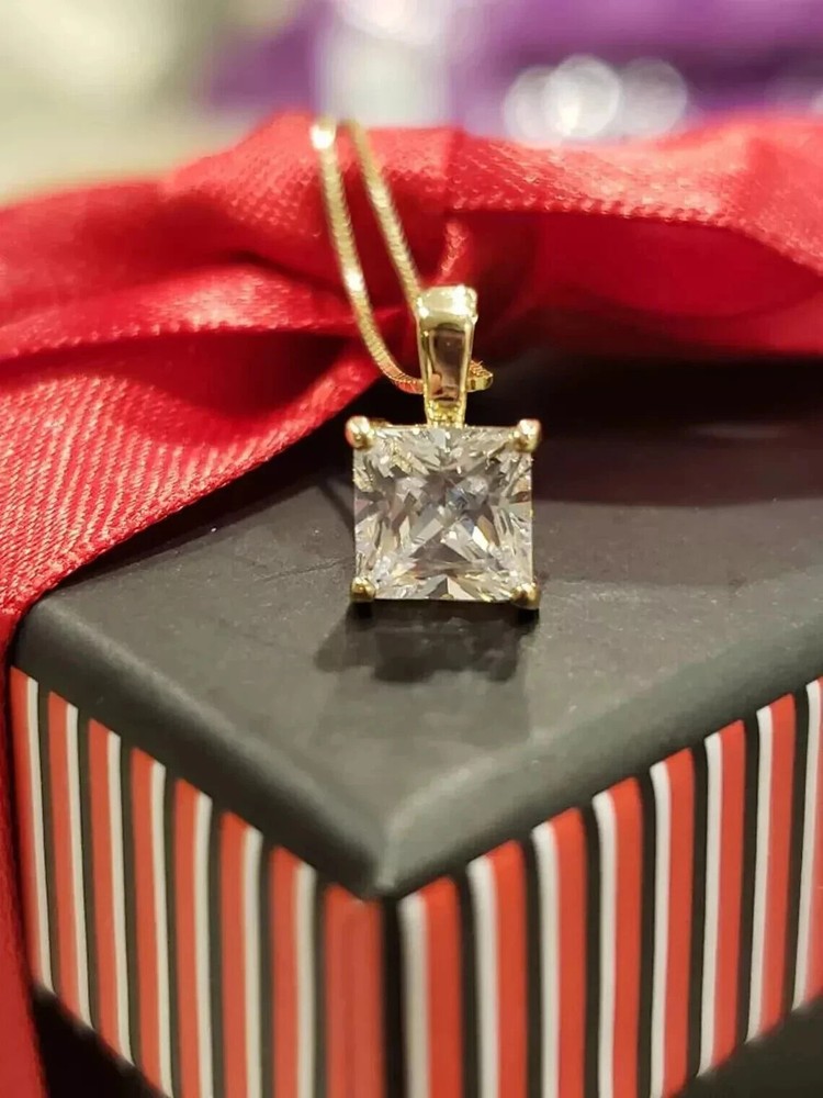 3 Ctw Princess Cut Moissanite Solitaire Pendant in 14K Yellow Gold with 18 Inch Chain