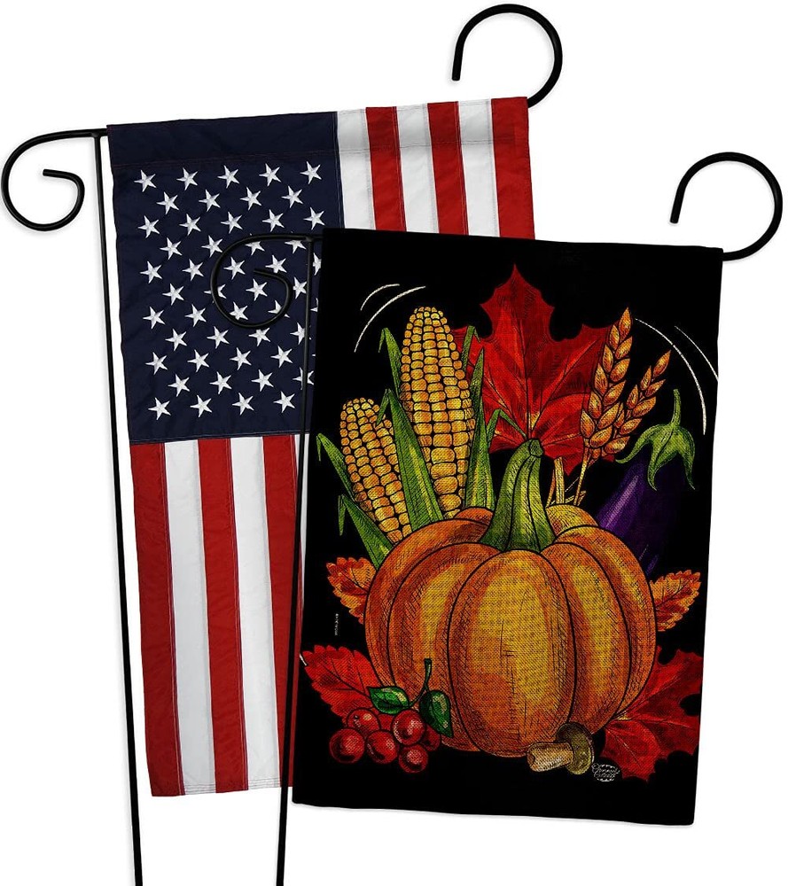 Thanksgiving Burlap Garden Flag Set with Fall Harvest Scarecrow Pumpkins Design