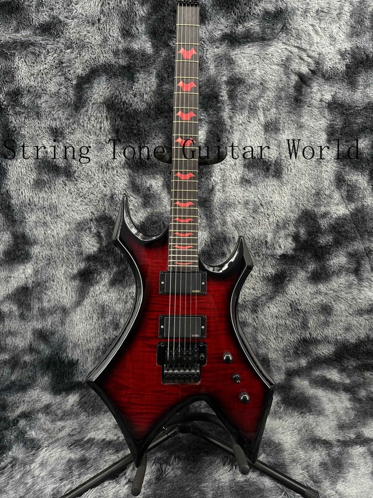 Warlock Red Flame Maple Top Electric Guitar Black Fretboard 2H Pickups Fast Ship