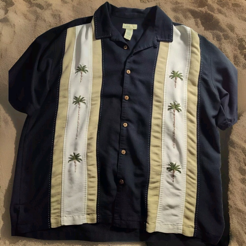 VTG Trader Bay Hawaiian Shirt Mens XXL Black Embroidered Palm Trees Beach 790