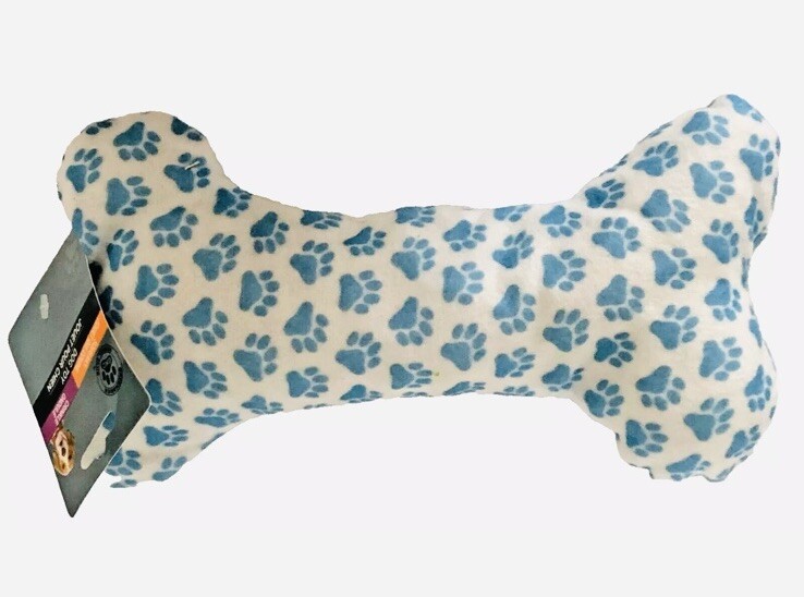 Squeaky Velvet Blue Paw Prints Dog Bone Shaped Toy 12 Inch