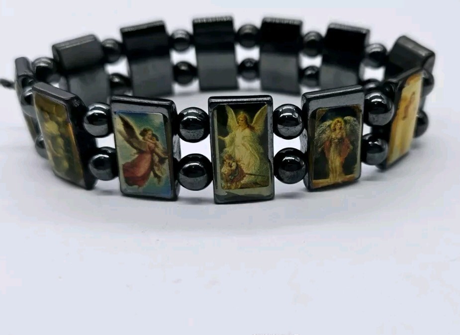 Religious Hematite Stretch Bracelet with Pictures  Angels Mother Child