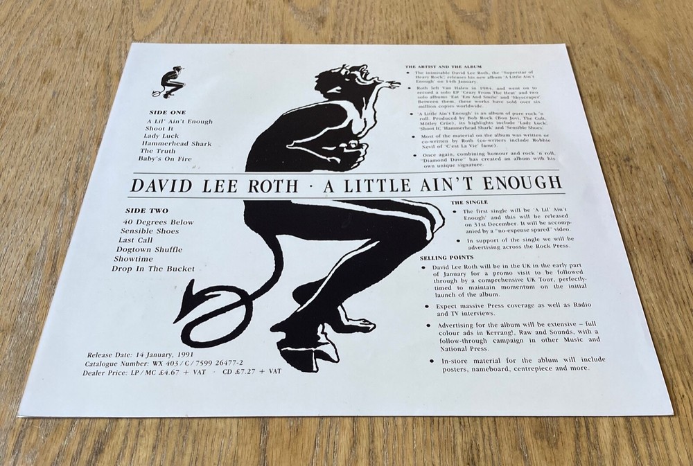 Van Halen  David Lee Roth  A Little Ain't Enough  UK Press Kit / Sales Presenter