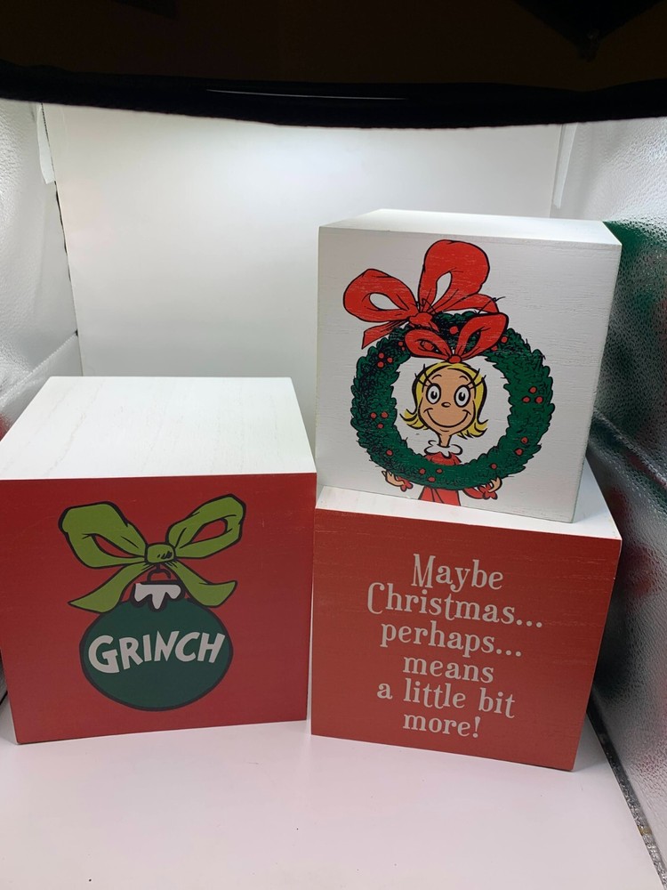Grinch Christmas Decor Stackable Wood Boxes with 4-Sided Artwork