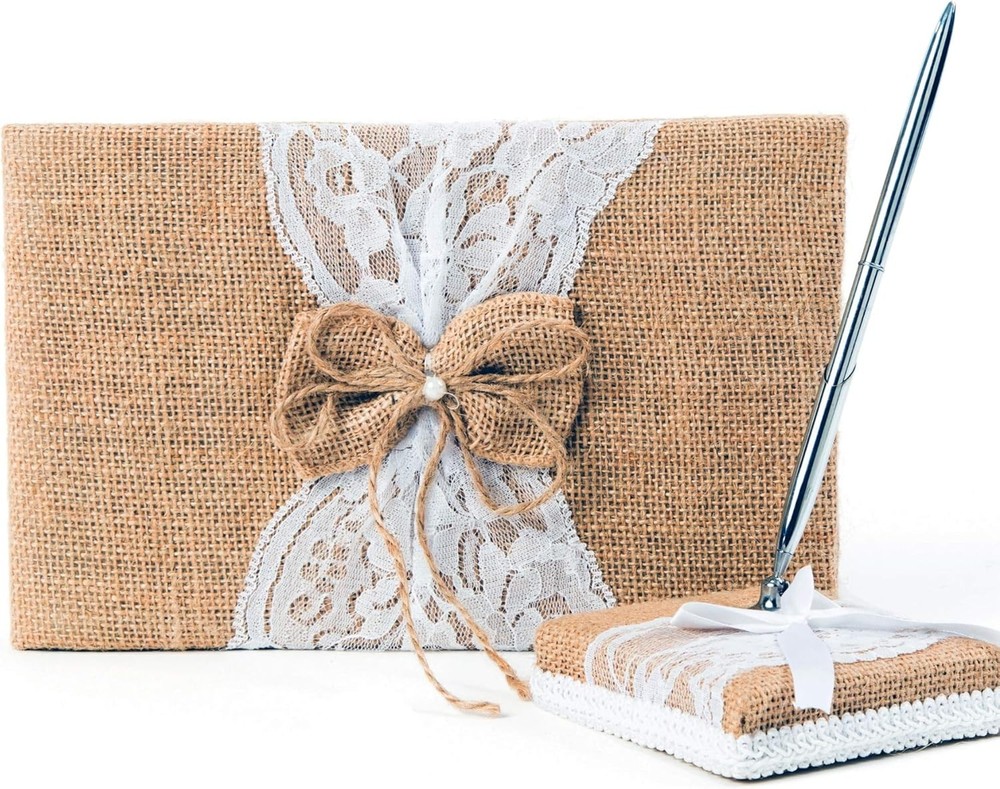 Rustic Wedding Guest Book Made of Burlap and Lace - Includes Matching Pen Holder