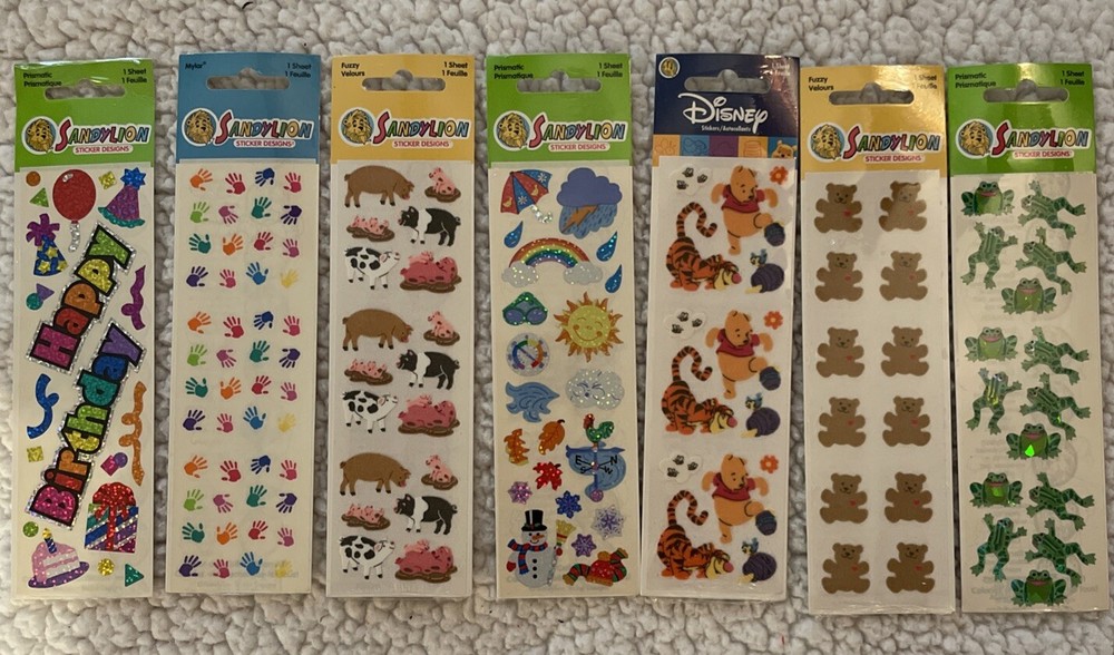 Vintage 90s Sandylion Sticker Sheet New Lot of 7 Prizmatic, Fuzzy, RARE!
