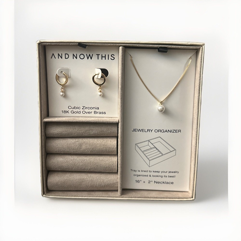 18K Gold Over Brass CZ Earrings and 16-Inch Necklace Set