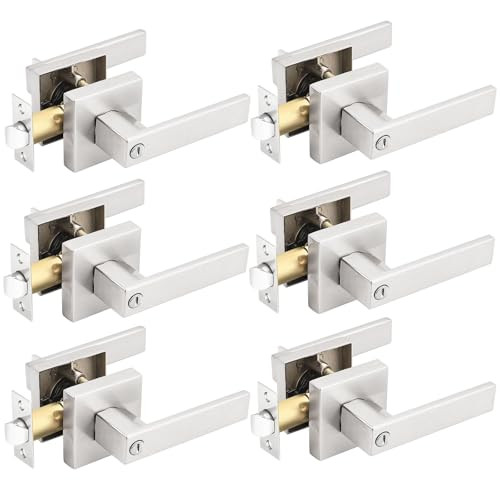 Pack of 6 Square Door Handles Levers, Bedroom and Bathroom Privacy Locks