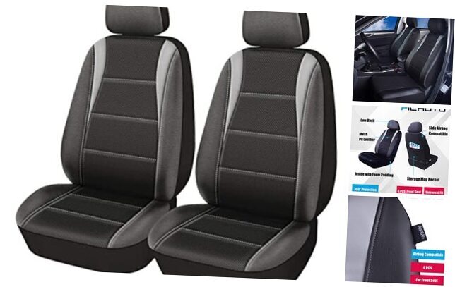 Car Seat Covers, Front Seat Only, 3-Layered Mesh with PU Leather, Gray Front