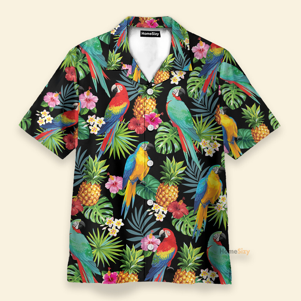 Parrots Pineapples Hibiscus Tropical Leaves Pattern   Hawaiian Shirt