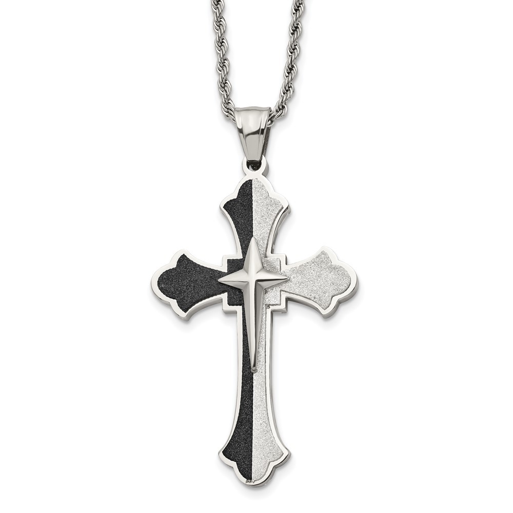 Stainless Steel Black IP Plated Laser Cut Cross Pendant Rope Chain Necklace 24 Inches