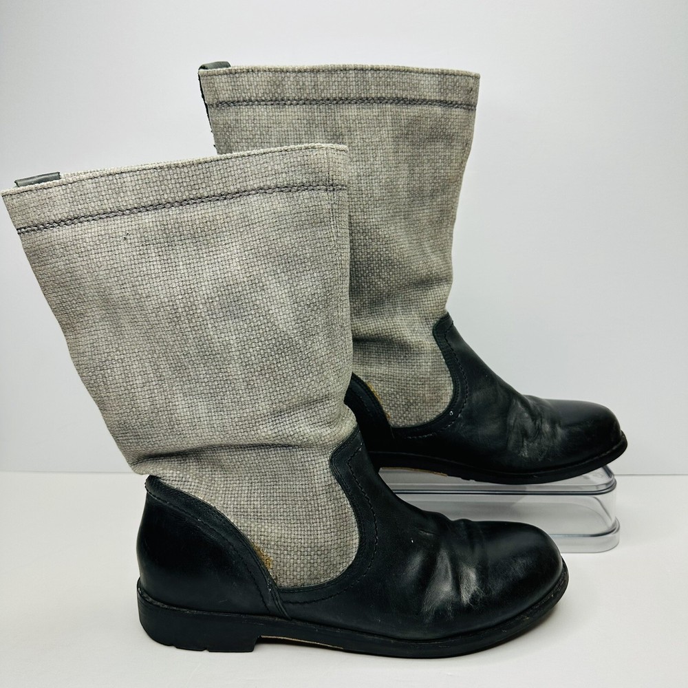 OluKai Haleakala Tall Riding Boots Womens Size 9 Black Gray Leather Canvas Boots