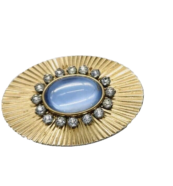 Vintage Blue Jelly Belly Cabochon Gold Tone Brooch with Crystal Accent 1.25 Inch