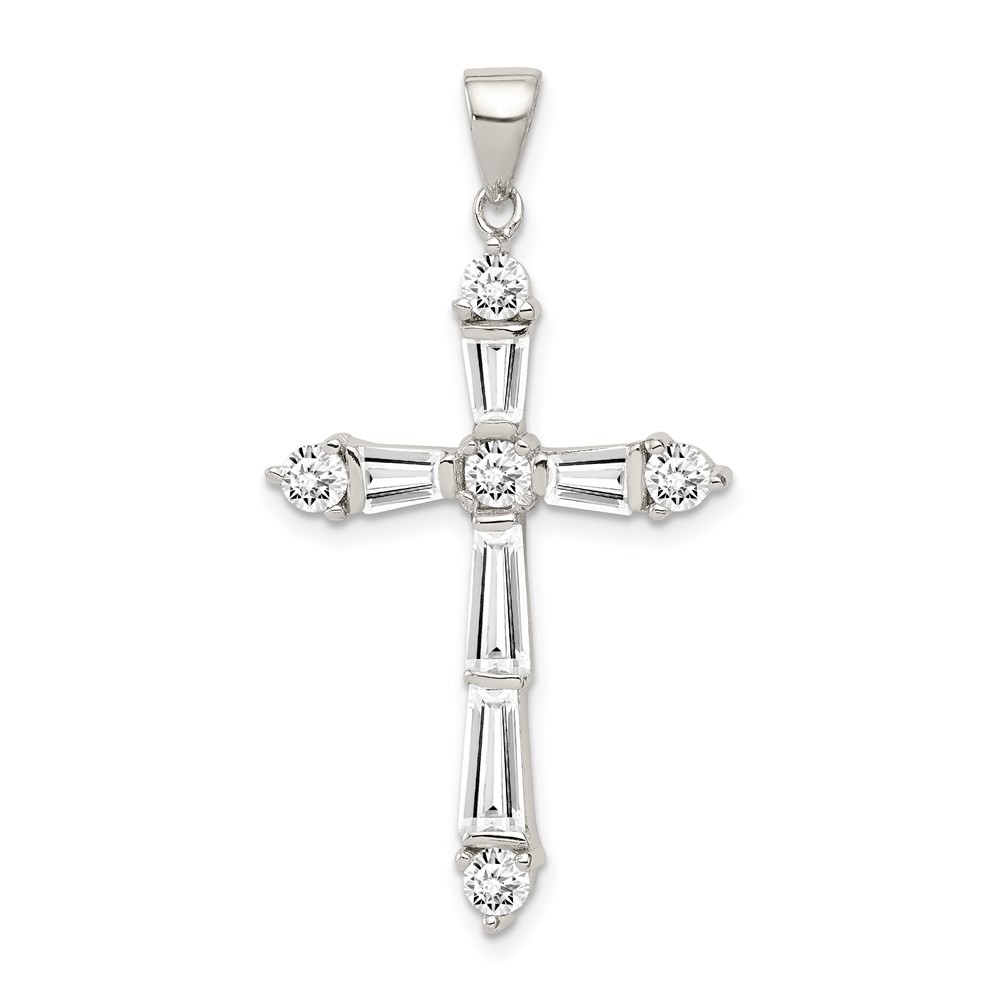 Sterling Silver Rhodium-plated Cubic Zirconia Cross Pendant 2.27gm L-40 mm