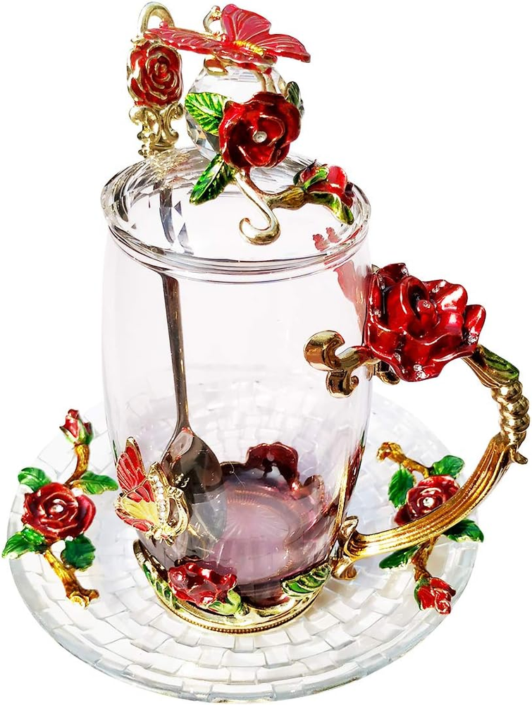 Elegant Glass Tea Cup Set with Lid Saucer Spoon Floral Design Coffee Mug Perfect Birthday Gift