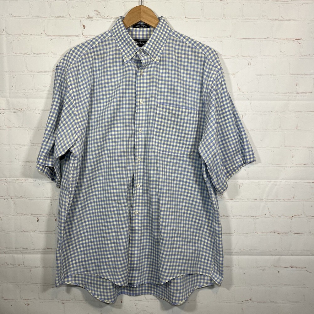 Vintage Burberrys Shirt Mens Large Blue Yellow Check Short Sleeve Brit Button Up