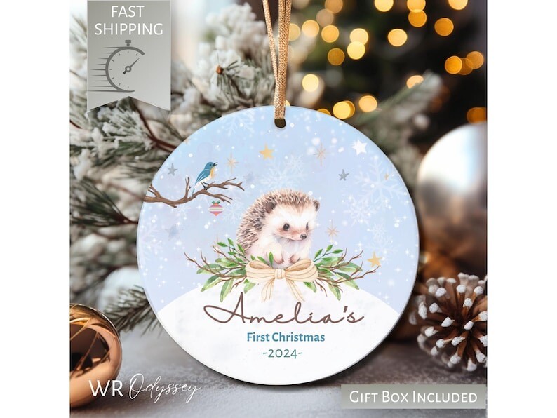 Woodland Animal Baby Ornament 2024, Baby Hedgehog Ornament, First Christmas O...