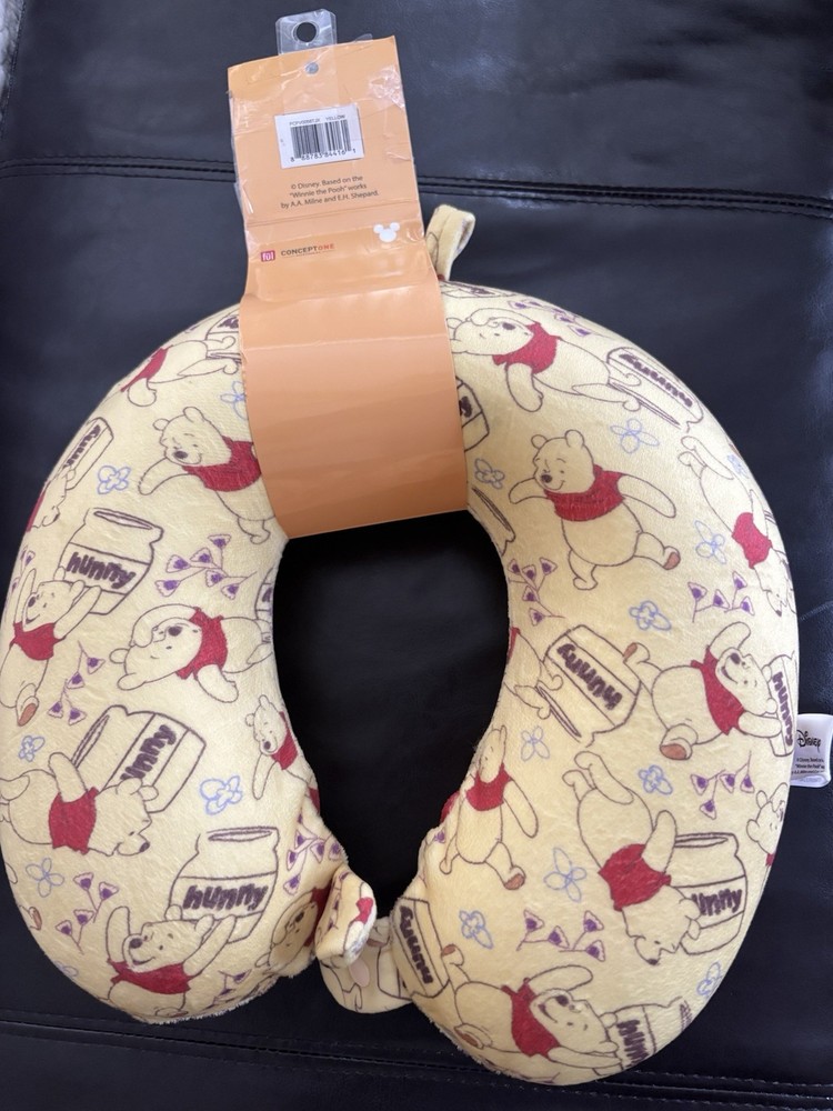 Winnie the Pooh Hunny Print Memory Foam Travel Pillow with Button & Loop for Comfortable Journeys