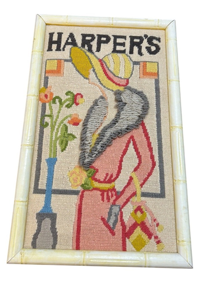Vtg HARPER'S Bazaar Magazine Needlepoint Picture Framed 20” Lady Retro Art Deco
