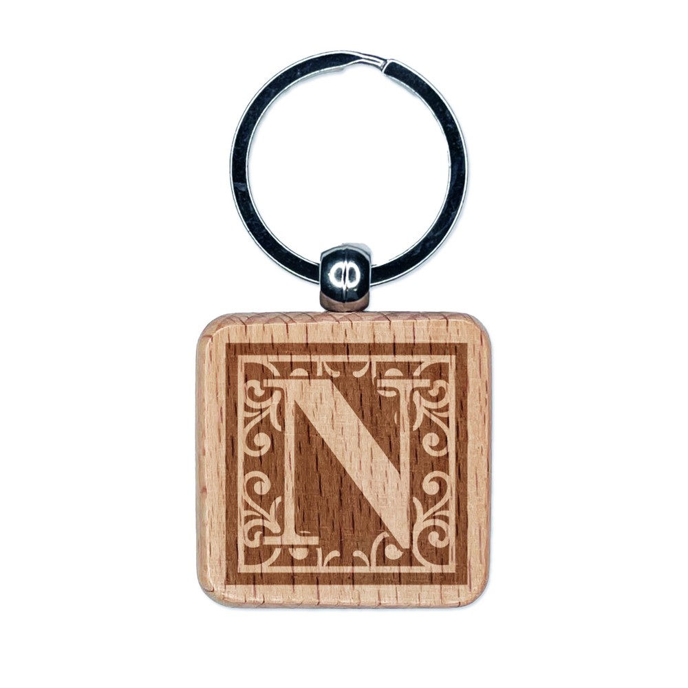 Monogram Swirls Engraved Wood Keychain Charm Capital Letter N  
