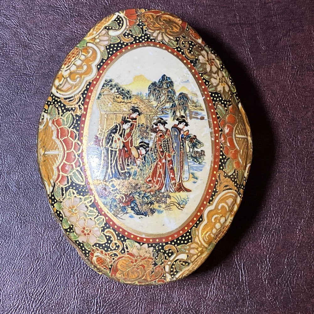 Vintage Asian Floral Geisha Ceramic Jewelry Box with Decorative Lid Storage