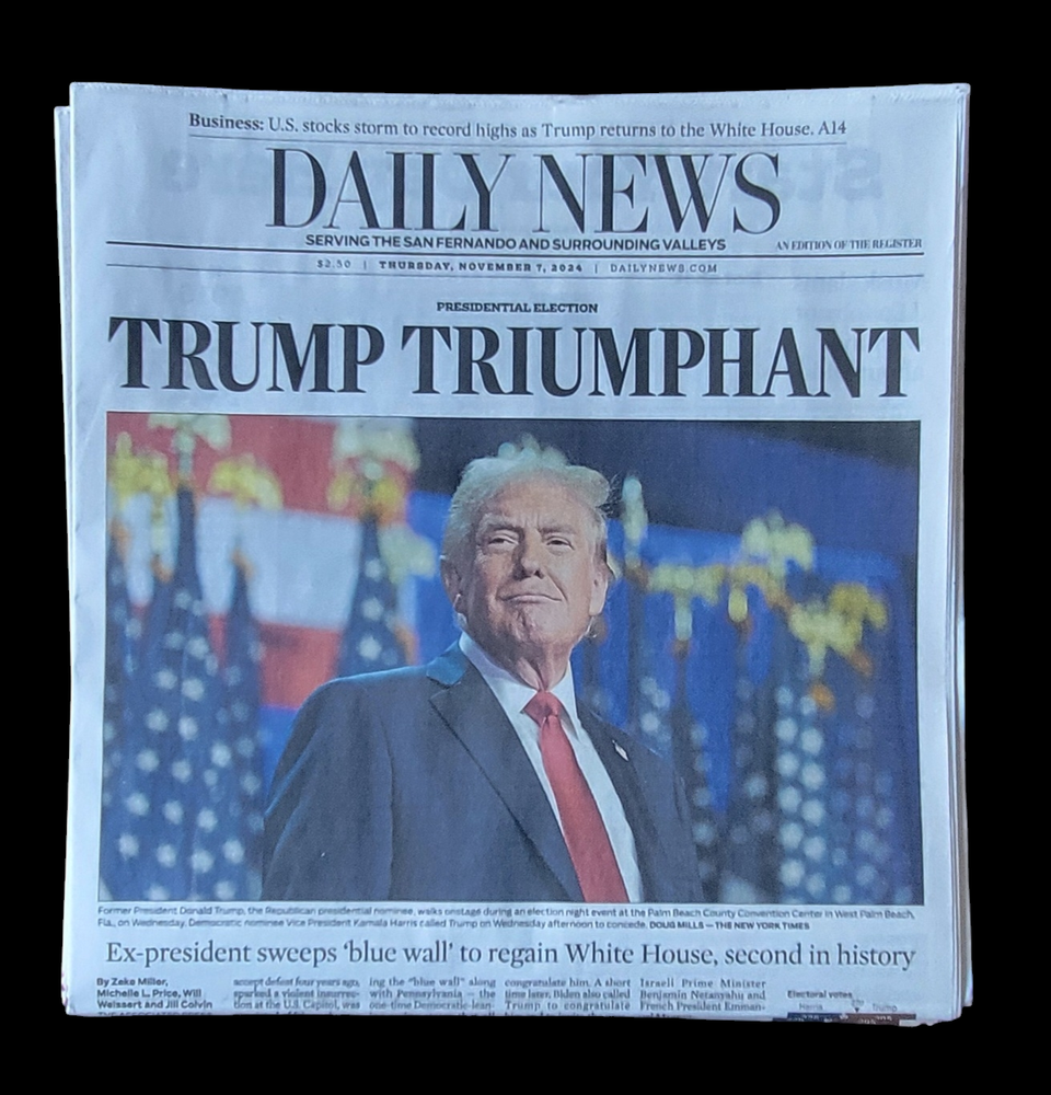 DAILY NEWS NOV 7, 2024 DONALD TRUMP TRIUMPHANT WINS 47TH PRESIDENTIAL ELECTION