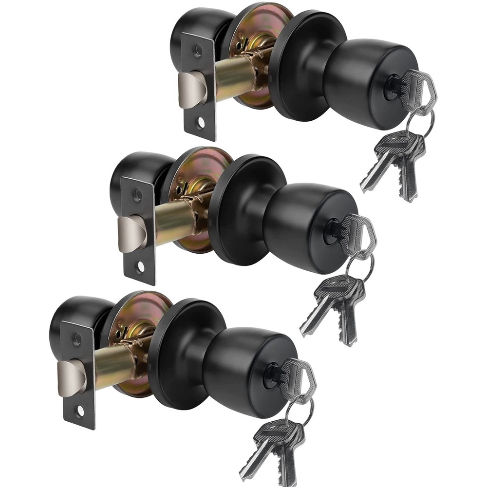 with Key Matte Black Round Ball Door Knob Passage Door Privacy Locking Interi...