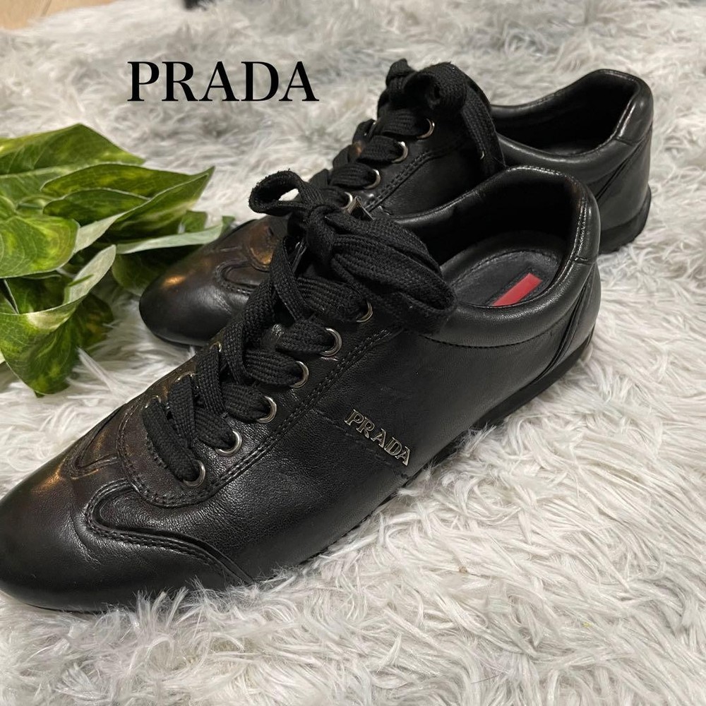 Prada Black Leather Logo Sneakers Women Size 4.0US 3.5UK Authentic Pre-Owned