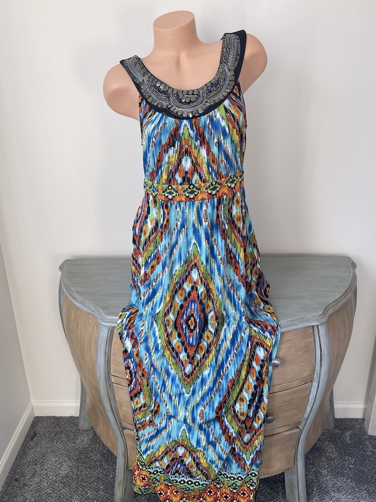 NY COLLECTION Maxi Dress Size L Sleeveless Beaded Bling Long Colorful Party Wear