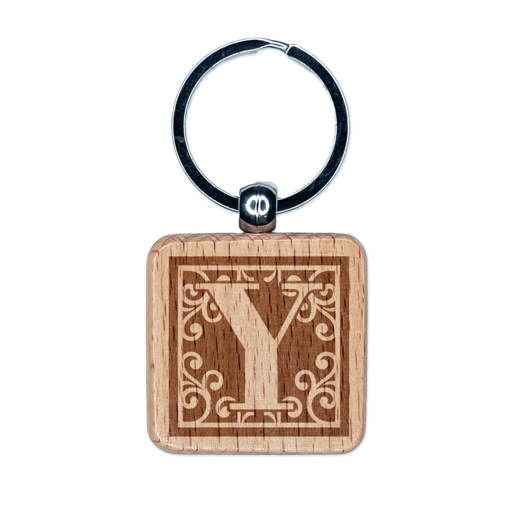 Monogram Swirls Letter Y Engraved Wood Keychain Charm Tag  