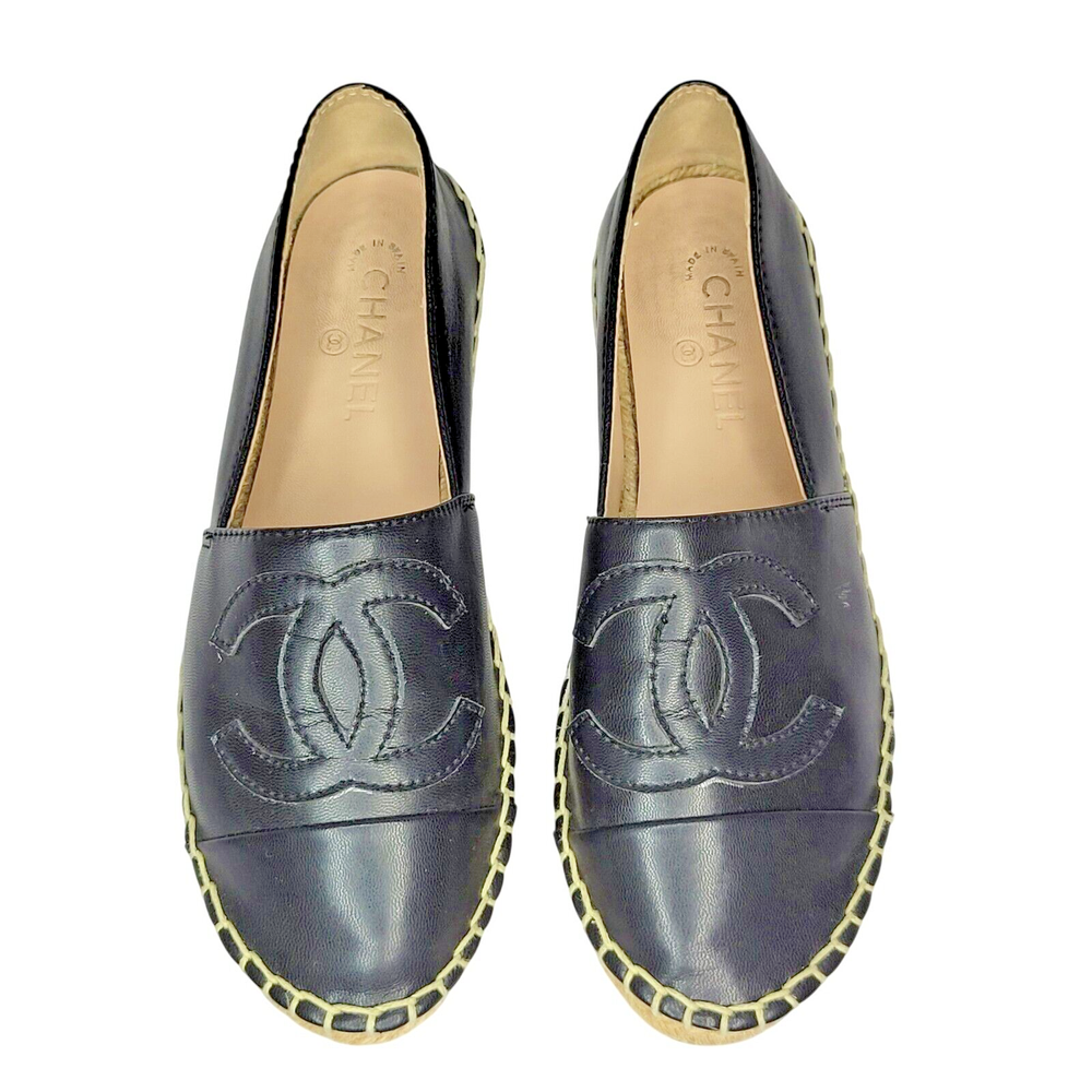Chanel Espadrilles Womens Shoes Sz 6 Black Lambskin Interlocking CC Logo