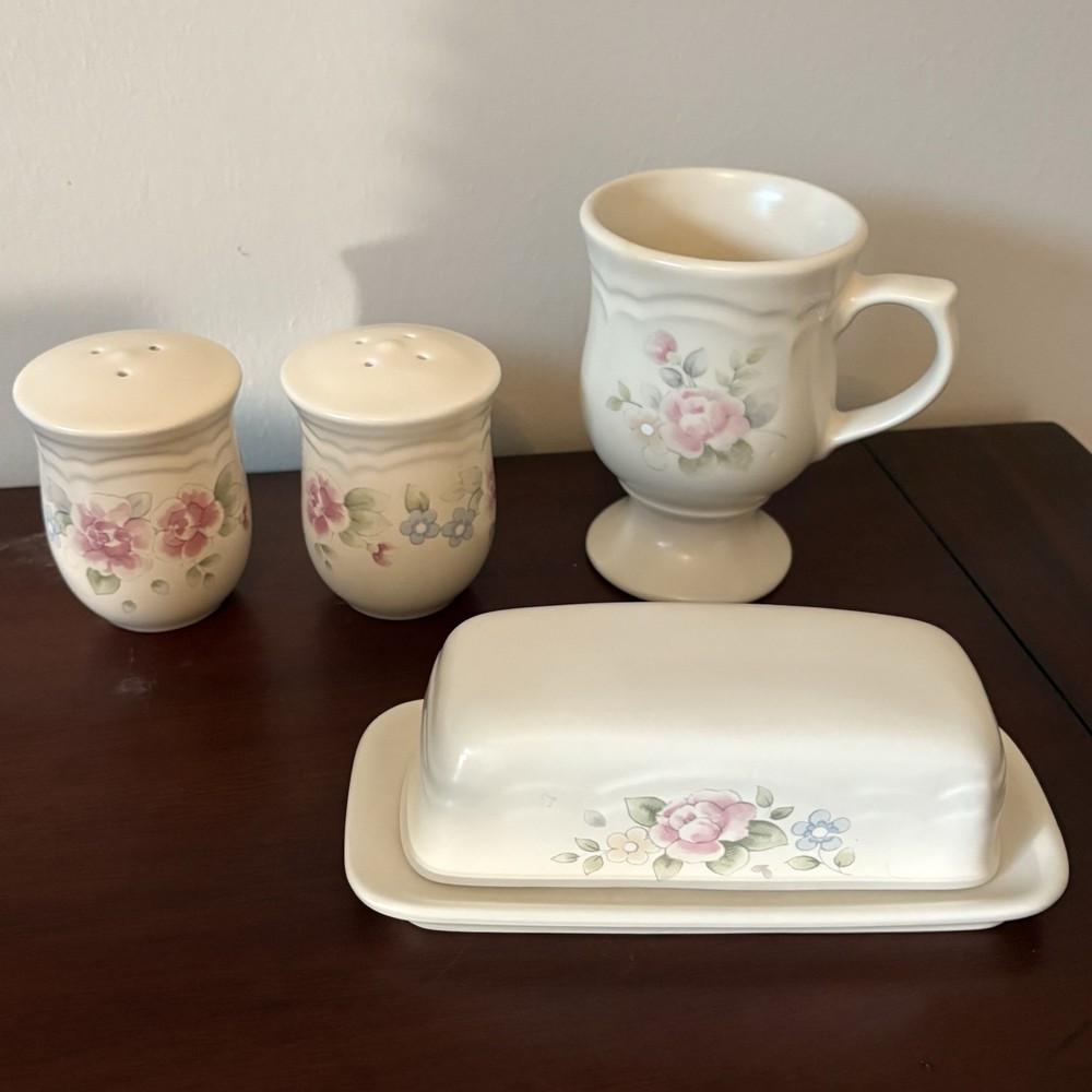 Pfaltzgraff Tea Rose 4 Piece Set- Butter Dish, Salt & Pepper, Pedastal Mug
