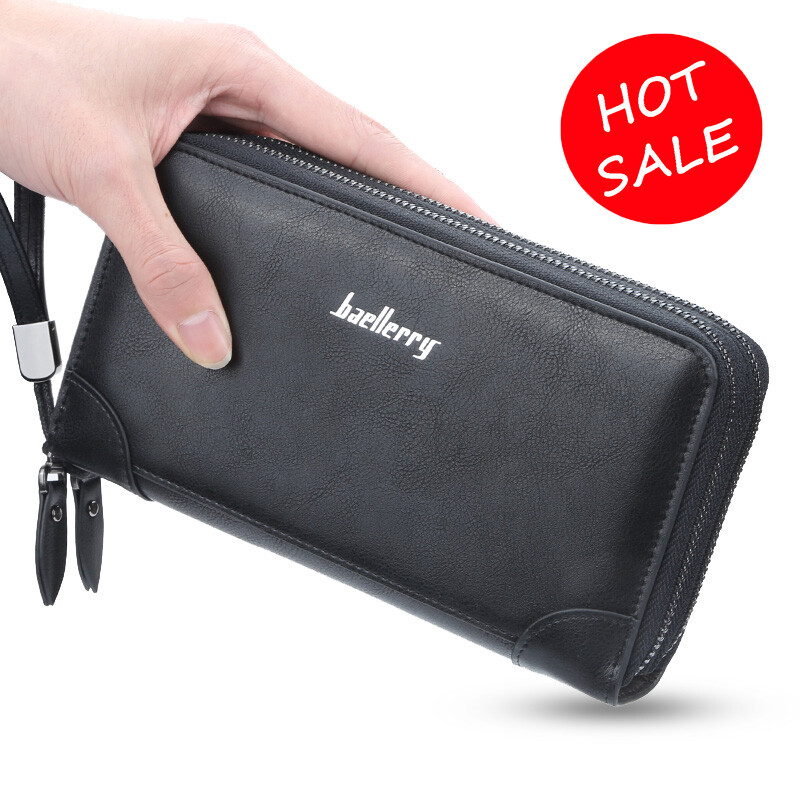 Business Mens Wallet Long PU Leather Double Zipper Clutch Wristlet Handbag Black