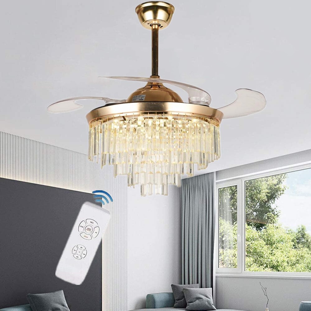 42-Inch Crystal LED Chandelier Ceiling Fan with Remote 3 Colors & Speeds Retractable Blades