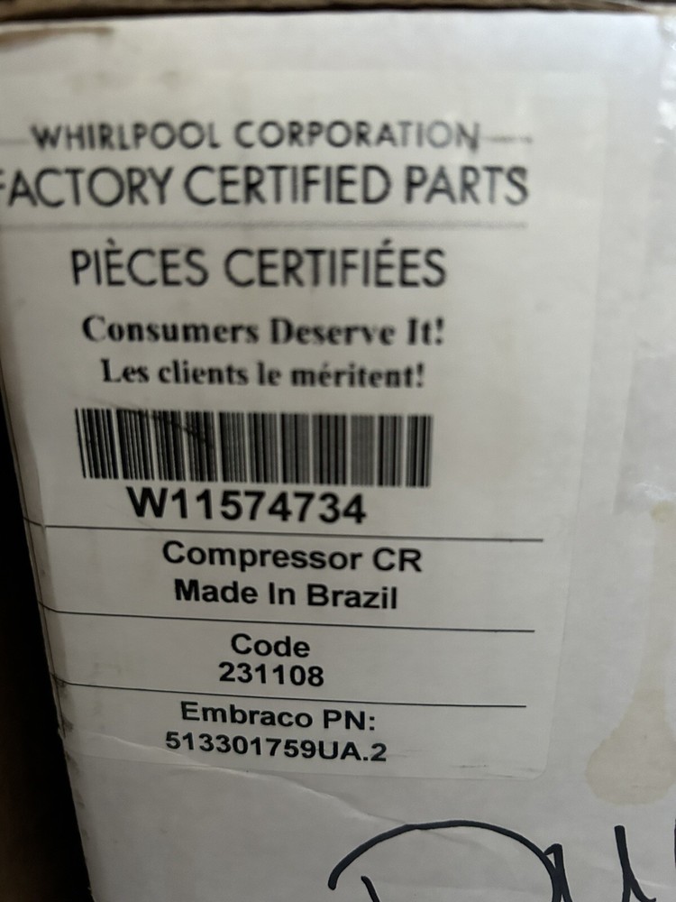NEW “OEM” WHIRLPOOL REFRIGERATOR COMPRESSOR #W11574734