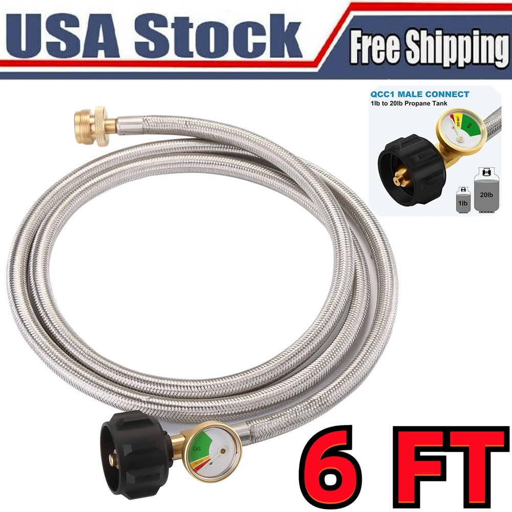 6 FT 1lb to 20lb Converter Propane Adapter Hose & Propane Tank Gauge Type1 QCC1