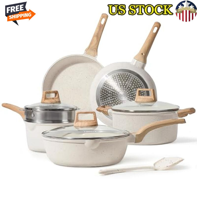 10-Piece White Nonstick Granite Cookware Set Induction Safe PFOA Free