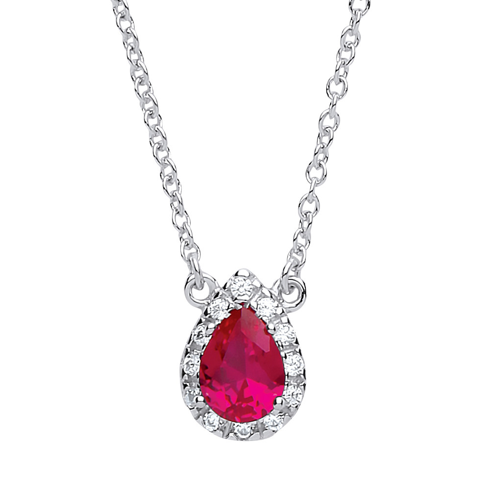 Silver Jewelco London Rose red pear CZ Teardrop Halo Charm Necklace 16 + 2 inch