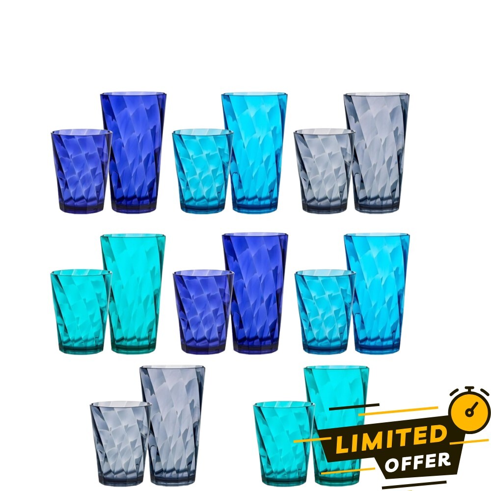 Optix 16-Piece Reusable Plastic Drinking Glass Set with 14oz Rocks and 20oz Water Cups
