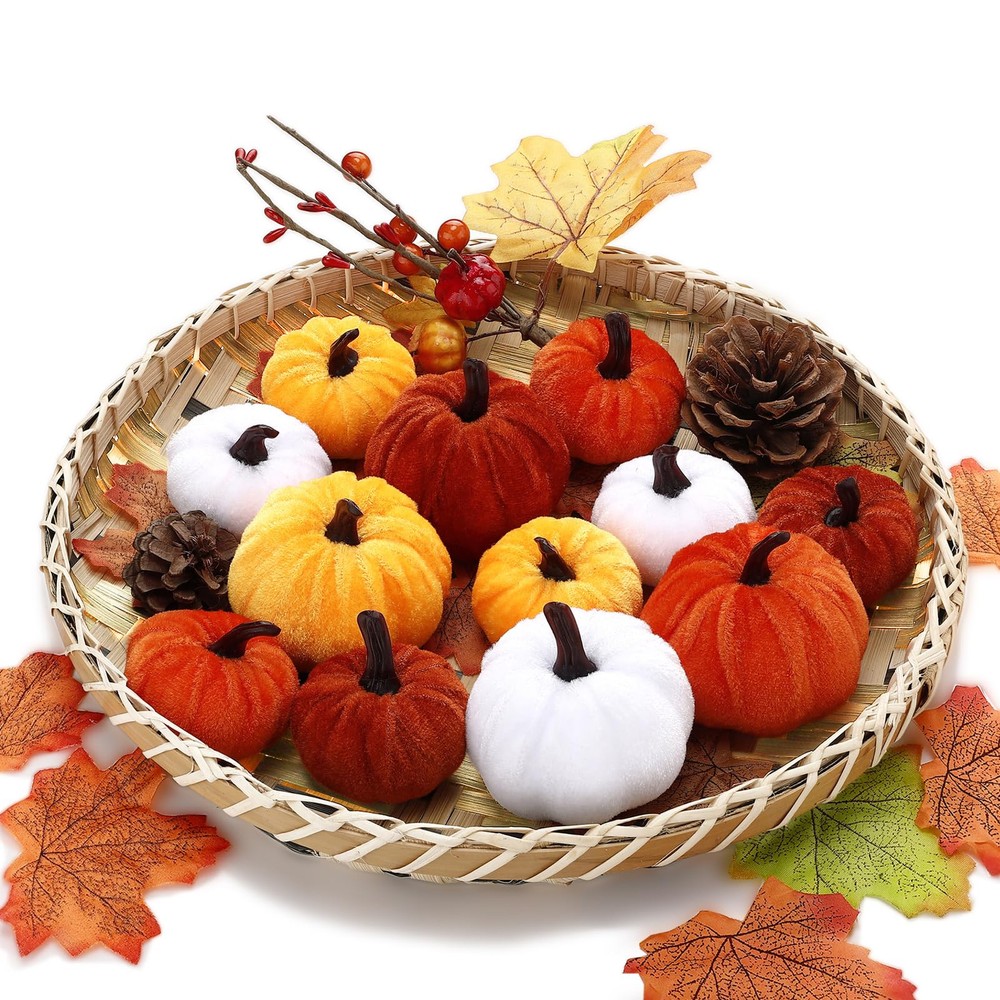 12-Piece Velvet Pumpkin Set - Assorted Fall Decor Fabric Pumpkins for Autumn Home Styling