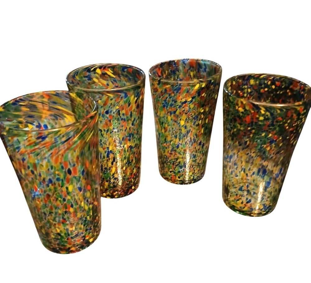 Vintage Hand-Blown Mexican Confetti Glass Set of 4 Colorful 6-Inch Barware for Summer