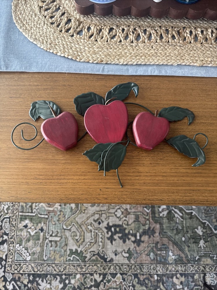 Vintage 80s Farmhouse Apple Wall Decor in Wood and Metal for Country Kitchen