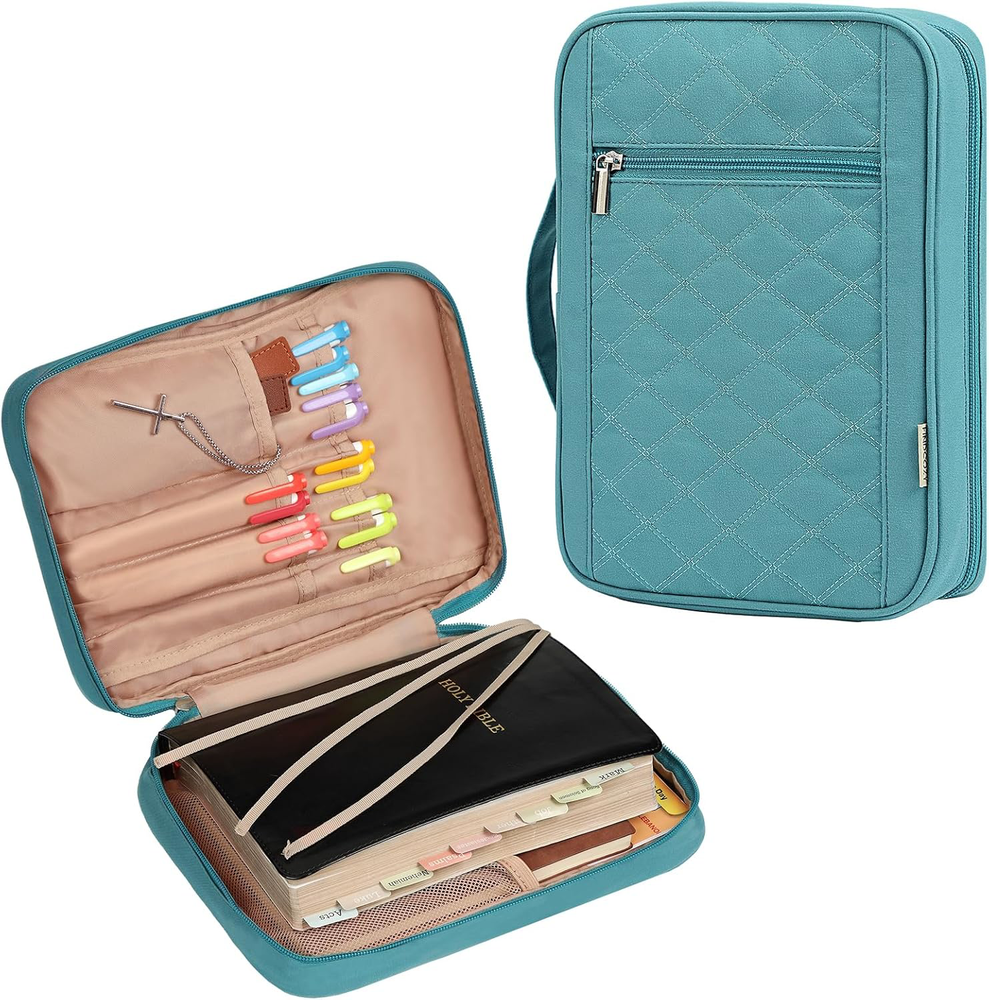 Turquoise Bible Cover for Women with Handle and Zippered Pocket - Durable Case  