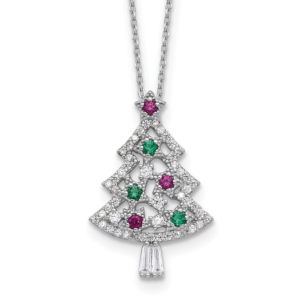 Sterling Silver CZ Christmas Tree Pendant Necklace 16 Inch with 2 Inch Extender