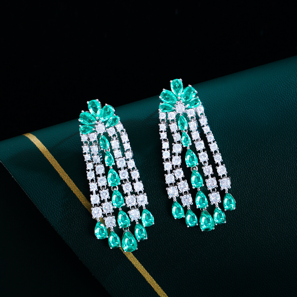 Silver Plated Light Green CZ Crystal Drop Tassel Earrings
