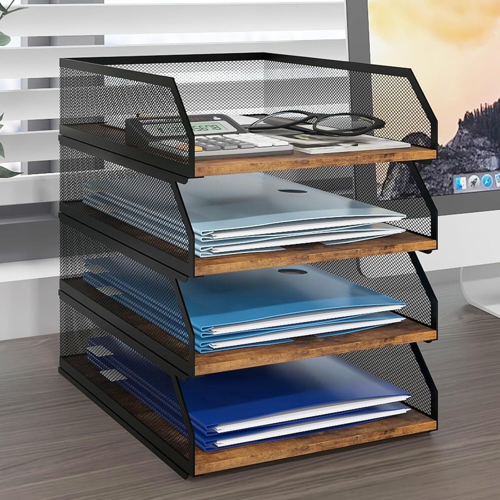 4-Tier Stackable Metal Mesh Paper Tray with Wood Board Desktop Organizer