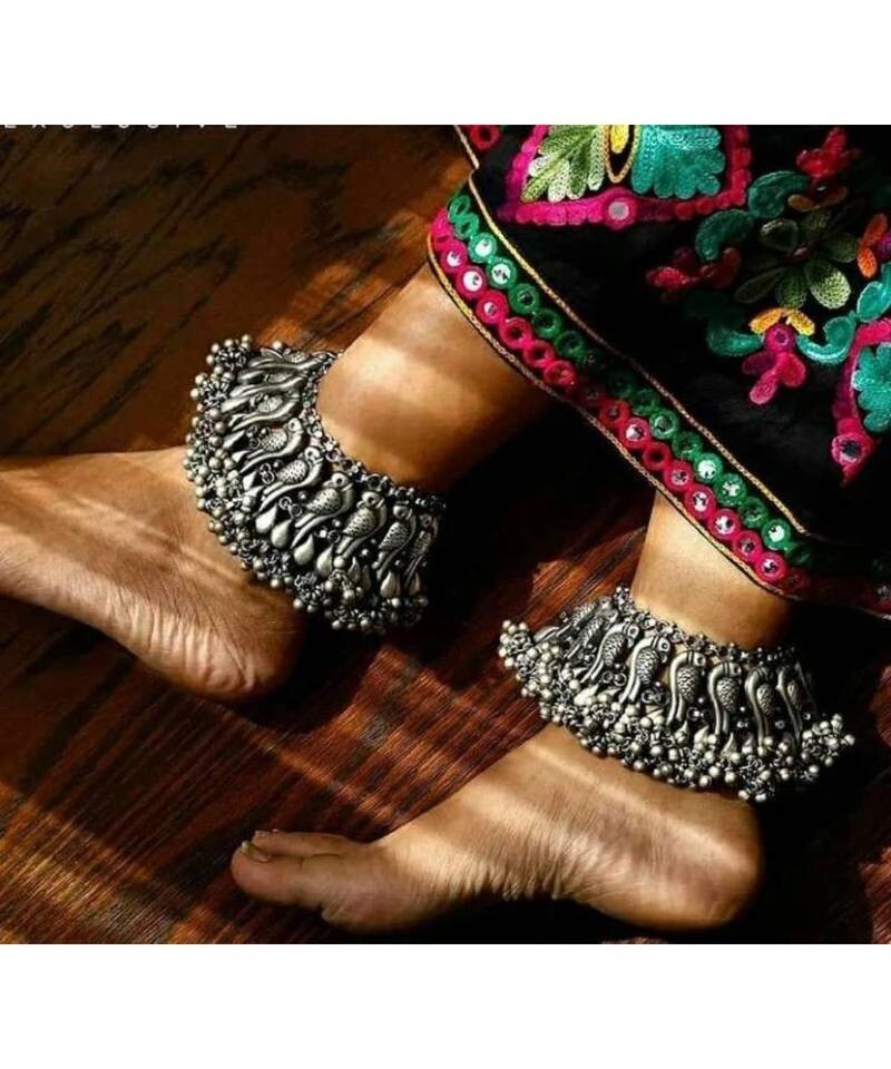 Oxidized peacock design Indian payal ghungroo anklet for women-image