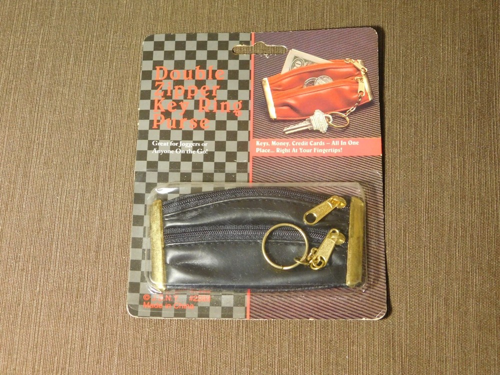 Black Double Zipper Key Ring Coin Purse with Credit Card Slots  